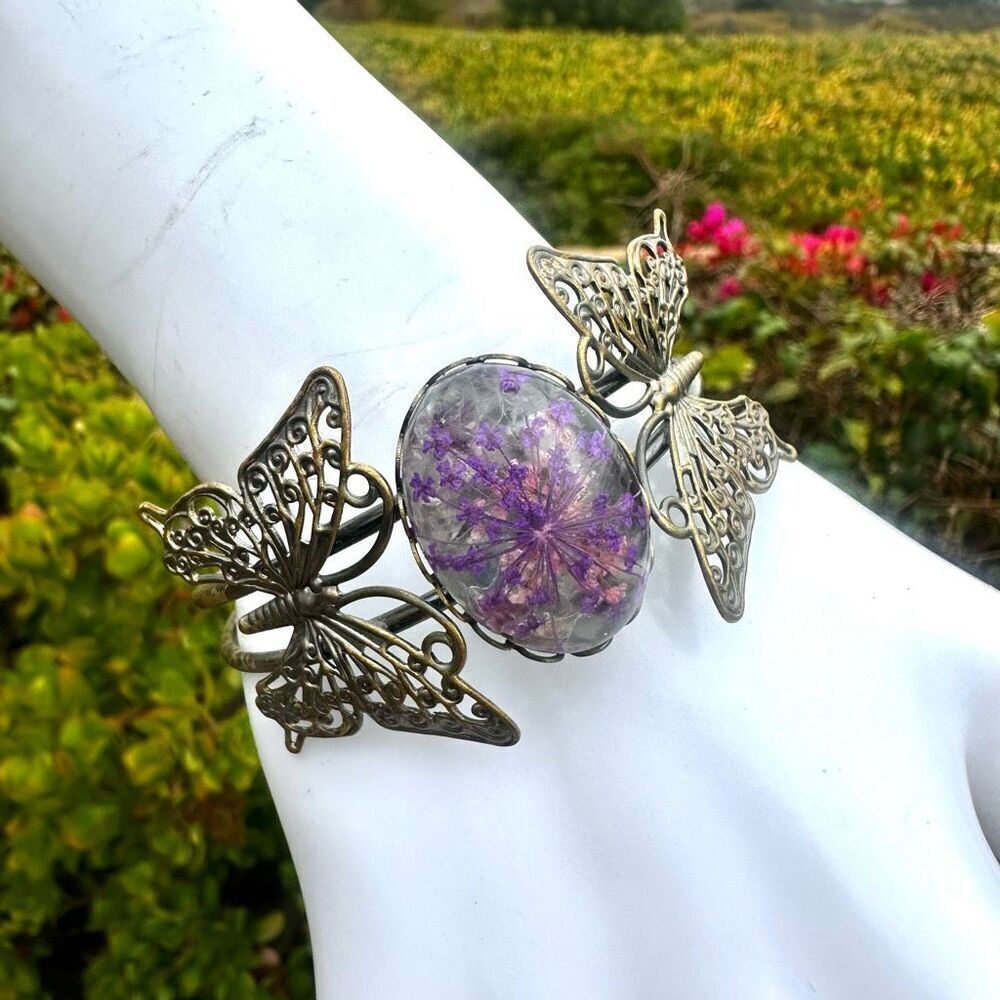 Filagree butterfly open cuff purple flower bracelet